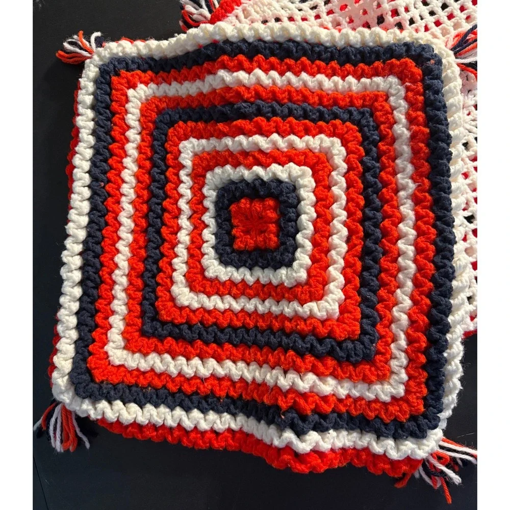 Vintage Handmade Crochet Pillow Covers Pair Red White Blue Buffalo Bills 17.5